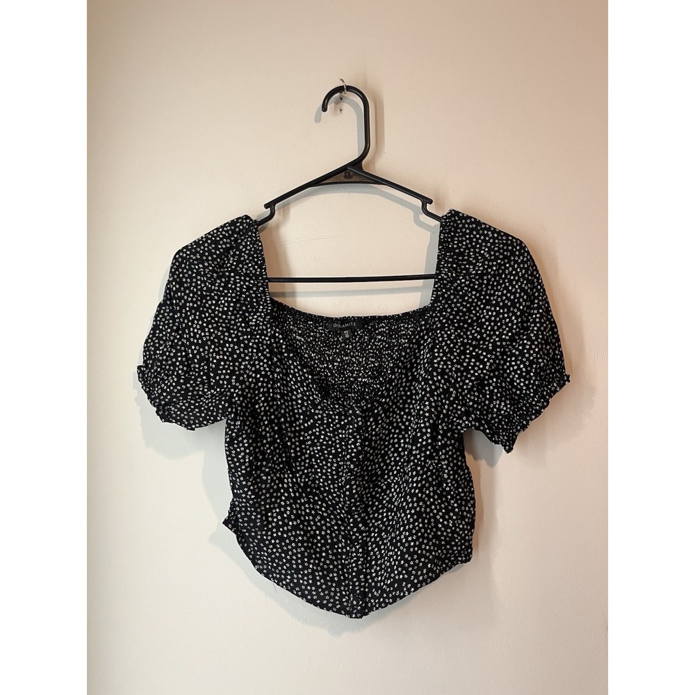 Dynamite Black White‎ Speckled Ruffle Puff Sleeve Crop Top Petite Small Stretch
